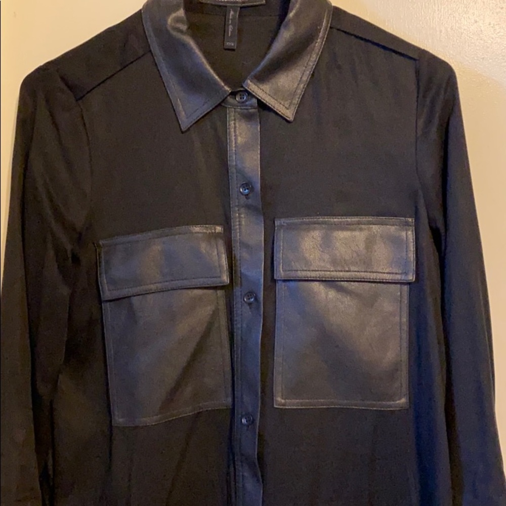 Black BCBG leather trimmed shirt dress.